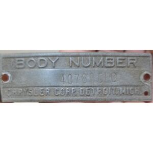 Vintage Dodge 1951 2 Door Car Data Tag Plate Chrysler Corp Detroit Michigan